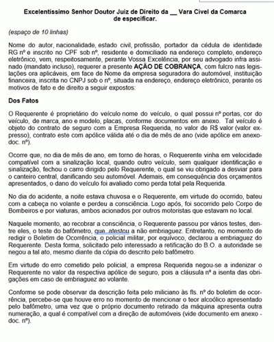 Modelo de Petição Ação de Cobrança de Seguro por Acidente de Automóvel - Novo CPC Lei nº 13.105.2015