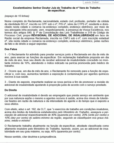 Modelo de Petição Adicional de Insalubridade - Revisional - Novo CPC Lei nº 13.105.2015