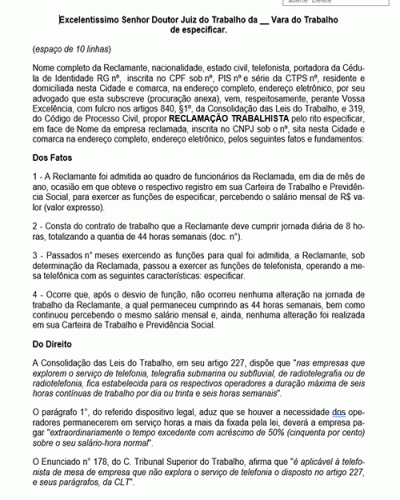 Modelo de Petição Reclamação Trabalhista - Telefonista - Horas Extras Trabalhadas - Novo CPC Lei nº 13.105.2015