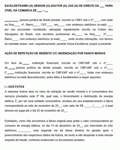 Modelo de Ação de Repetição de Indébito cc Indenização por Danos Morais Fraude de Boleto Bancário