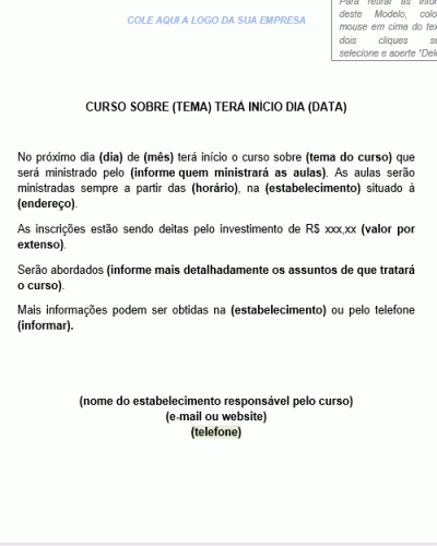 Modelo de Aviso de Divulgação para Inicialização de Curso - Inscrições Abertas