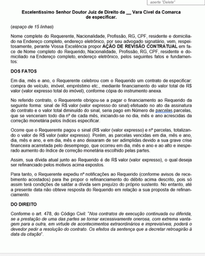 Modelo de Petição Revisão Contratual - Refinanciamento Processo Civil - Novo CPC Lei nº 13.105.2015