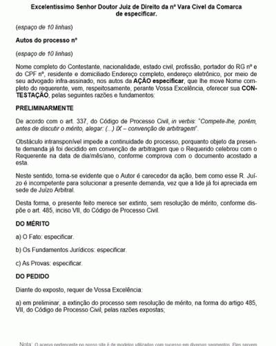 Modelo de Petição Convenção de Arbitragem - Contestação com Preliminar - Novo CPC Lei nº 13.105.2015