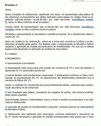 Modelo de Petição Sentença para Adolescente Infrator Aplicando Medida Socioeducativa de Semiliberdade