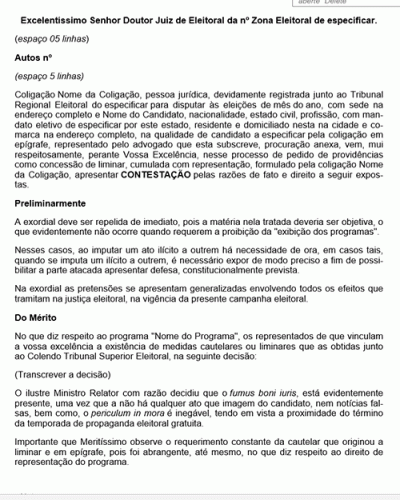 Modelo de Petição Contestação a Pedido de Vedação de Exibição de Programa Eleitoral Gratuito - Novo CPC Lei nº 13.105.2015