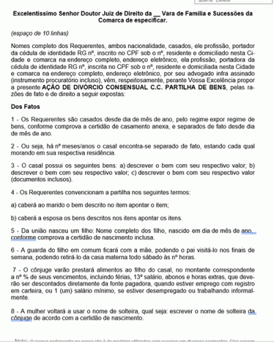 Modelo de Petição Divórcio Consensual c.c Partilha de Bens, Regulamentação de Visitas e Alimentos - Novo CPC Lei nº 13.105.2015