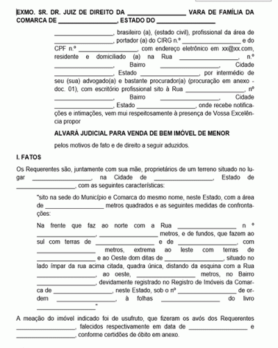 Modelo de Petição de Alvará Judicial para Venda de Bem Imóvel de Menor