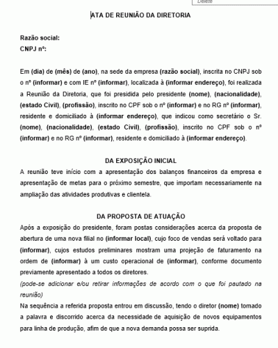 Modelo de Ata de Reunião - Eleição de Presidente e Secretário - Ata de Eleição