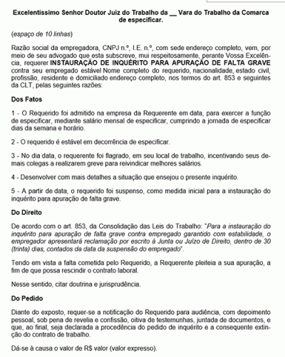 Modelo de Petição Inquérito para Apuração de Falta Grave - Novo CPC Lei nº 13.105.2015