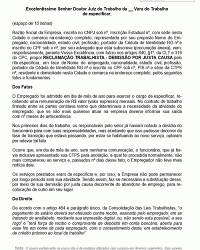 Modelo de Petição Demissão por Justa Causa - Abandono de Emprego - Novo CPC Lei nº 13.105.2015