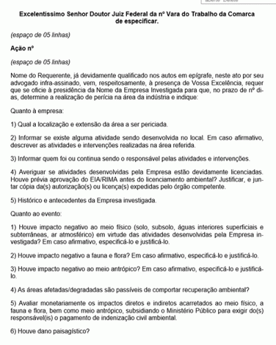 Modelo de Petição com Quesitos em Caso de Poluição do Solo - Novo CPC Lei nº 13.105.2015