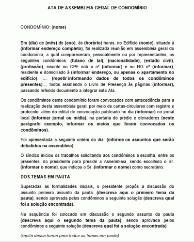 Modelo de Ata de Assembleia Geral para Condomínio - Presidente, Secretários  e Condôminos