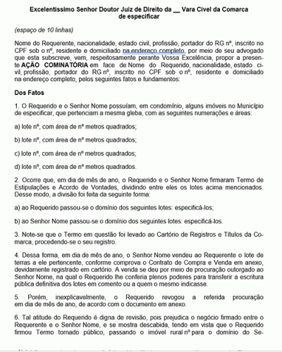 Modelo de Petição Ação Cominatória para Transferência de Bem Imóvel Rural