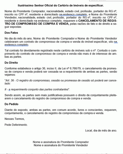 Modelo de Petição Pedido de Cancelamento de Registro de Compromisso de Compra e Venda