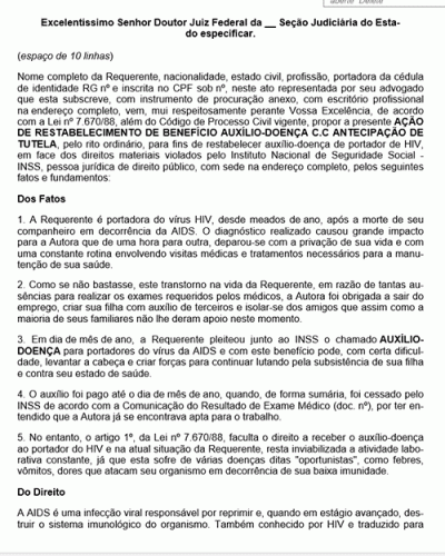 Modelo de Petição Restabelecimento de Auxílio-doença HIV