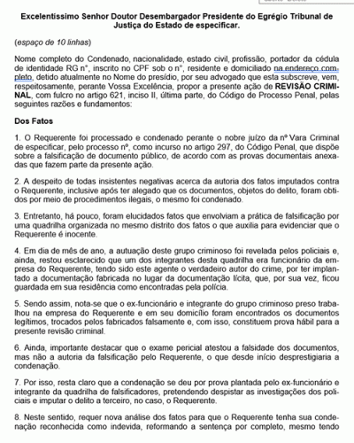 Modelo de Petição Revisão Criminal contra Sentença Fundada em Provas Falsas