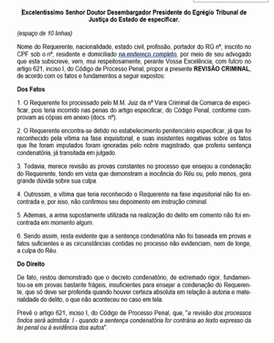 Modelo de Petição Revisão Criminal contra Sentença Contrária à Evidência dos Autos