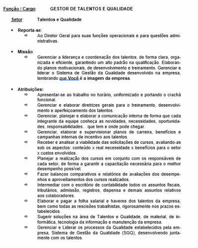 Modelo de Descrição de Cargo - Gerente Gestor de Talentos RH e Qualidade