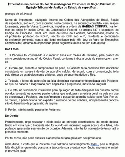 Modelo de Petição Habeas Corpus - Falta Disciplinar - Progressão de Regime