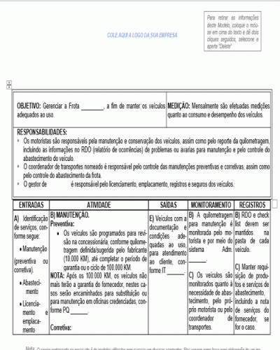 Modelo de Instrução de Trabalho - Processo da Qualidade - Controle e Gestão da Frota Veículos - Transportes