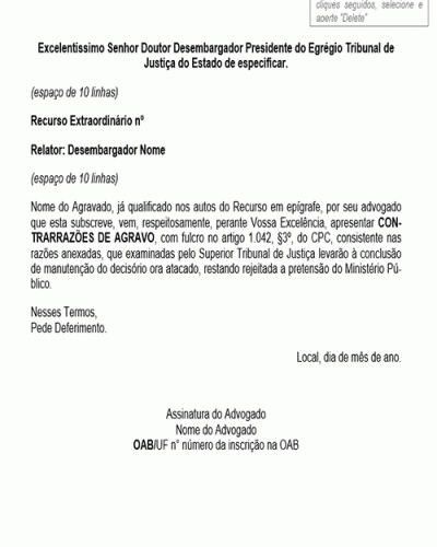 Modelo de Petição Contrarrazões de Agravo Denegatório de Recurso Extraordinário - Processo Penal