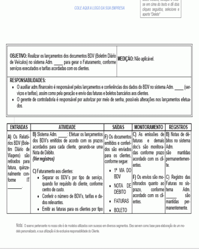 Modelo de Instrução de Trabalho - Processo da Qualidade - Faturamento Serviços Transportes - Financeiro