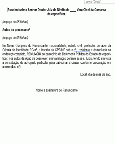 Modelo de Petição Termo de Renúncia ao Patrocínio da Defensoria Pública - Novo CPC Lei nº 13.105.2015