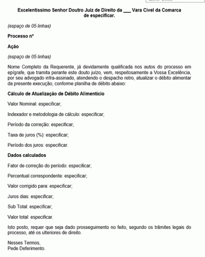 Modelo de Petição Atualização de Débito Alimentar - Novo CPC Lei nº 13.105.2015