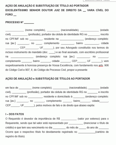 Modelo de Ação de Anulação e substituição de título ao portador