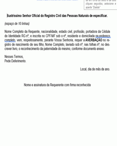 Modelo de Petição Averbação de Reconhecimento Voluntário de Paternidade