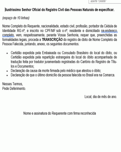 Modelo de Petição Transcrição de Certidão de Óbito de Brasileiro Ocorrido no Exterior