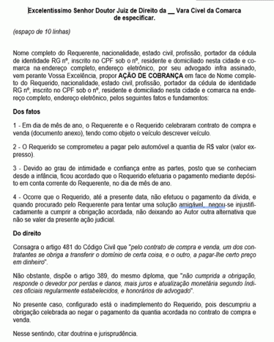 Modelo de Petição Ação de Cobrança - Contrato de Compra e Venda - Novo CPC Lei nº 13.105.2015