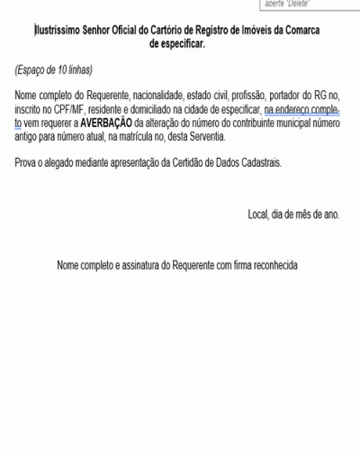 Modelo de Petição Averbação de Alteração de Número de Contribuinte do IPTU