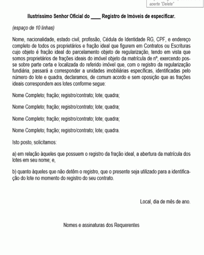 Modelo de Petição Requerimento de Regularização das Frações Ideais