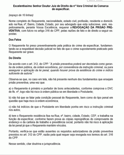 Modelo de Petição Revogação da Prisão Preventiva