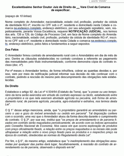 Modelo de Petição Notificação Judicial contra Arrendatário - Novo CPC Lei nº 13.105.2015