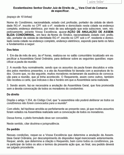 Modelo de Petição Anulação de Assembleia Condominial por Ausência de Convocação de Condôminos - Novo CPC Lei nº 13.105.2015