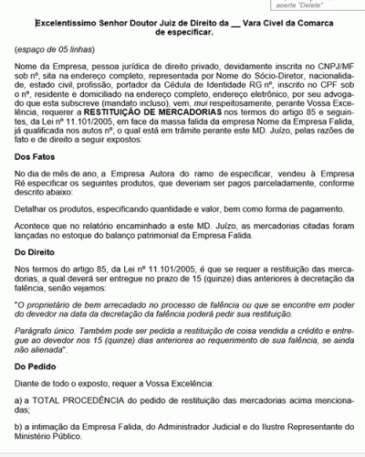 Modelo de Petição Restituição de Mercadoria - Falência - Novo CPC Lei nº 13.105.2015