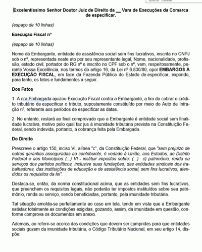 Modelo de Petição Embargos à Execução Fiscal Imunidade Tributária - Novo CPC Lei nº 13.105.2015