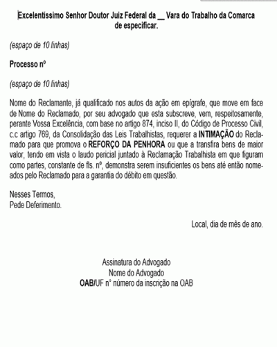 Modelo de Petição Pedido de Reforço de Penhora - Processo Trabalhista - Novo CPC Lei nº 13.105.2015