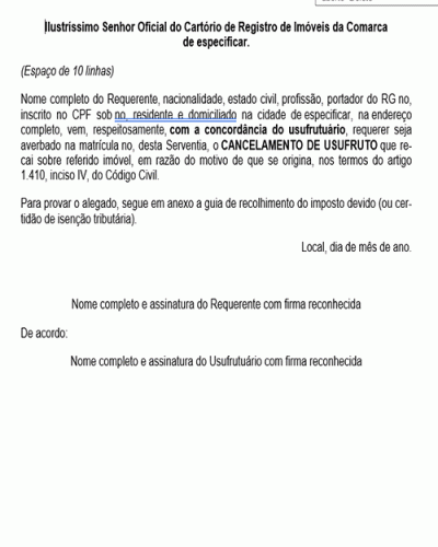 Modelo de Petição Cancelamento de Usufruto pela Cessação do Motivo de que se Origina