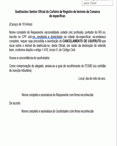 Modelo de Petição Cancelamento de Usufruto pela Destruição da Coisa