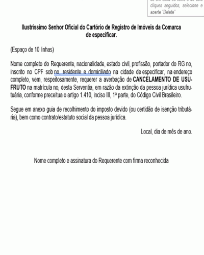 Modelo de Petição Cancelamento de Usufruto pela Extinção da Pessoa Jurídica
