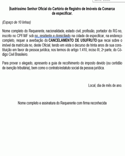 Modelo de Petição Cancelamento de Usufruto pelo Decurso de Trinta anos de seu Exercício por Pessoa Jurídica