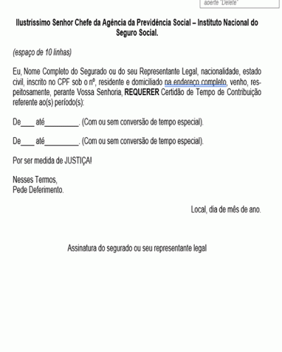 Modelo de Petição Requerimento de Certidão de Tempo de Serviço - Contribuição