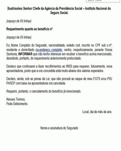 Modelo de Petição Requerimento de Cancelamento do Benefício Previdenciário