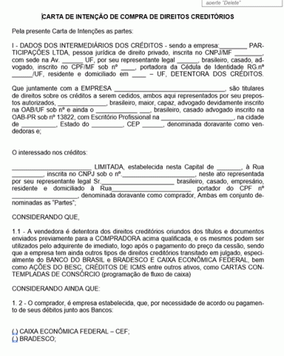 Modelo de Carta de Intenção de Compra de Direitos Creditórios