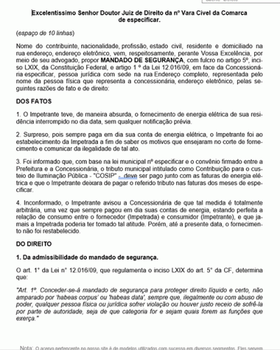 Modelo de Petição Mandado de Segurança - Corte Indevido do Fornecimento de Energia Elétrica - Novo CPC Lei nº 13.105.2015