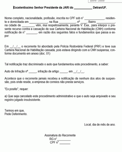 Modelo de Petição Trânsito - Recurso de Defesa por CNH Cassada