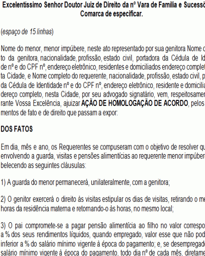 Modelo de Petição Homologação de Acordo - Guarda, Visitas e Pensão Alimentícia - Novo CPC Lei nº 13.105.2015